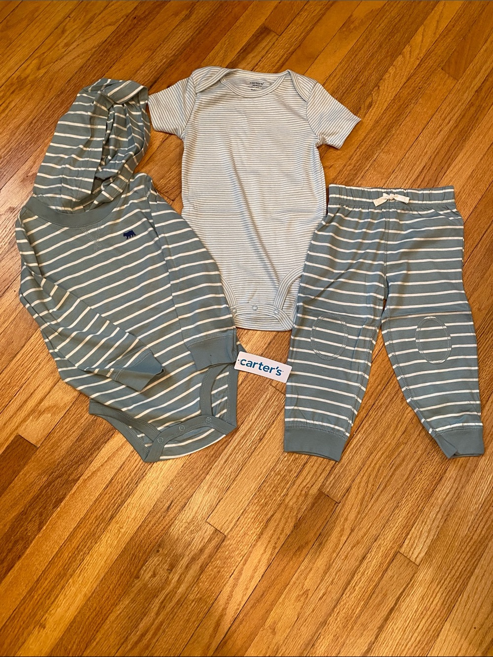 Carter's Sage Green & White Striped Jogger 3 pc set - Cozy Cotton Kids Bottoms